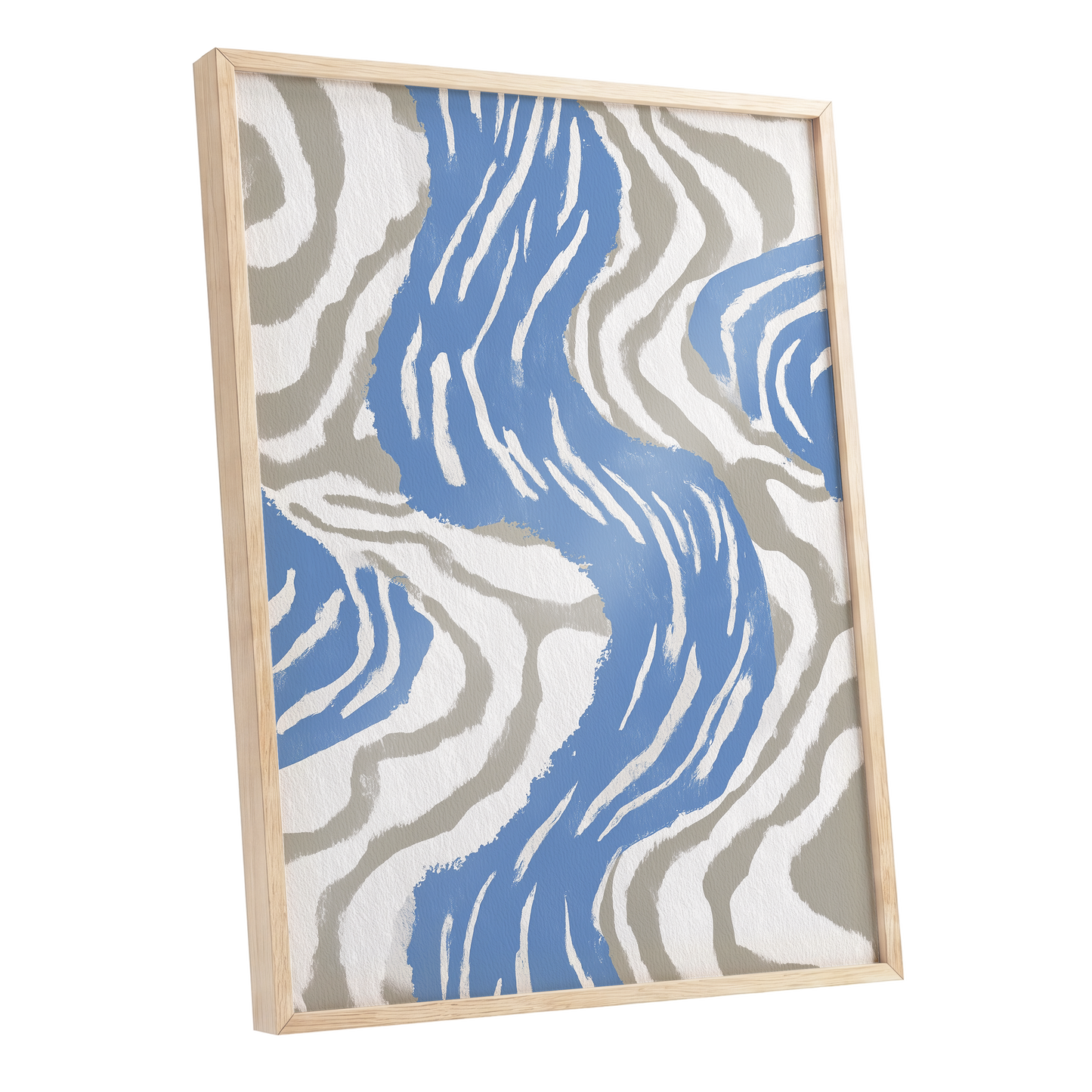 Blue Meander, blue, white, beige abstract wall art shown as a oak framed poster wall art print