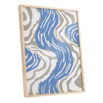 Blue Meander, blue, white, beige abstract wall art shown as a oak framed poster wall art print