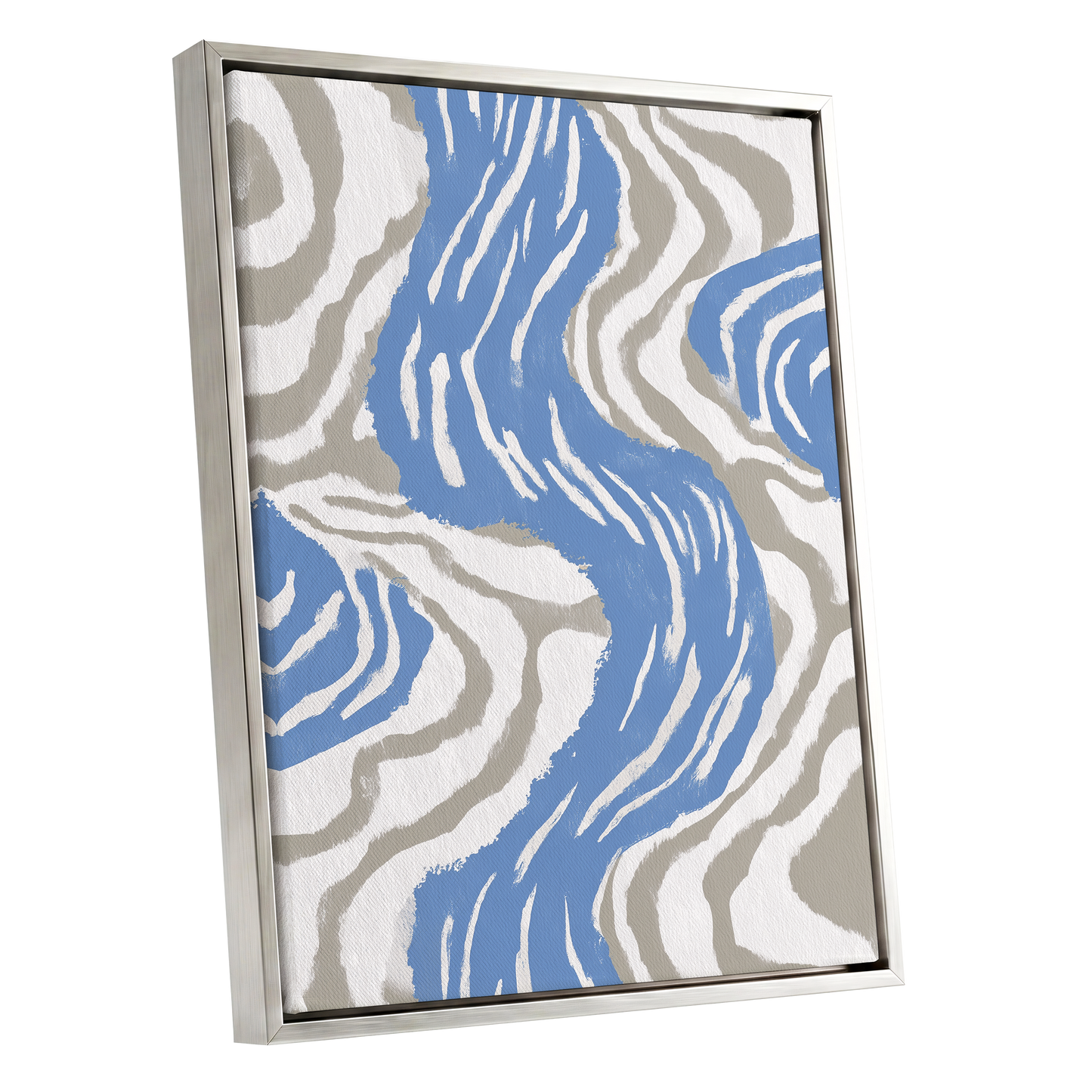 Blue Meander, blue, white, beige abstract wall art shown as a silver framed canvas wall art