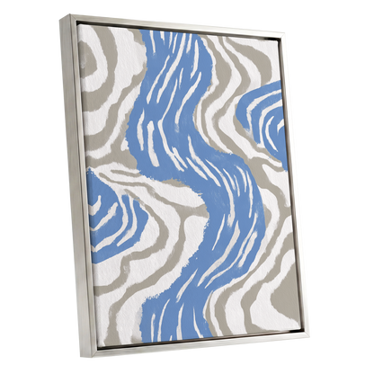 Blue Meander, blue, white, beige abstract wall art shown as a silver framed canvas wall art