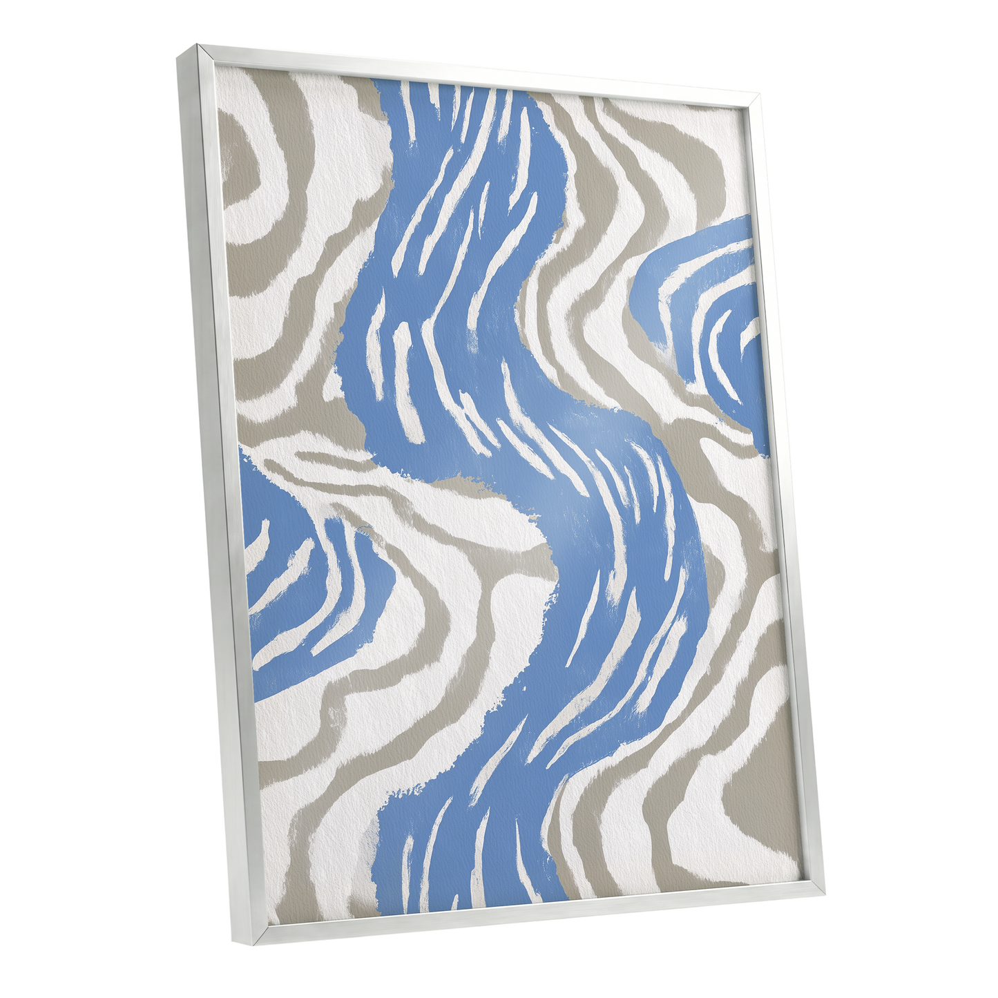 Blue Meander, blue, white, beige abstract wall art shown as a silver framed poster wall art print