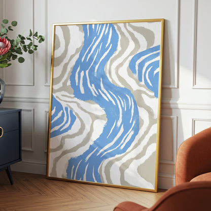 Blue Meander, blue, white, beige abstract wall art displayed in a styled interior, gallery view 2