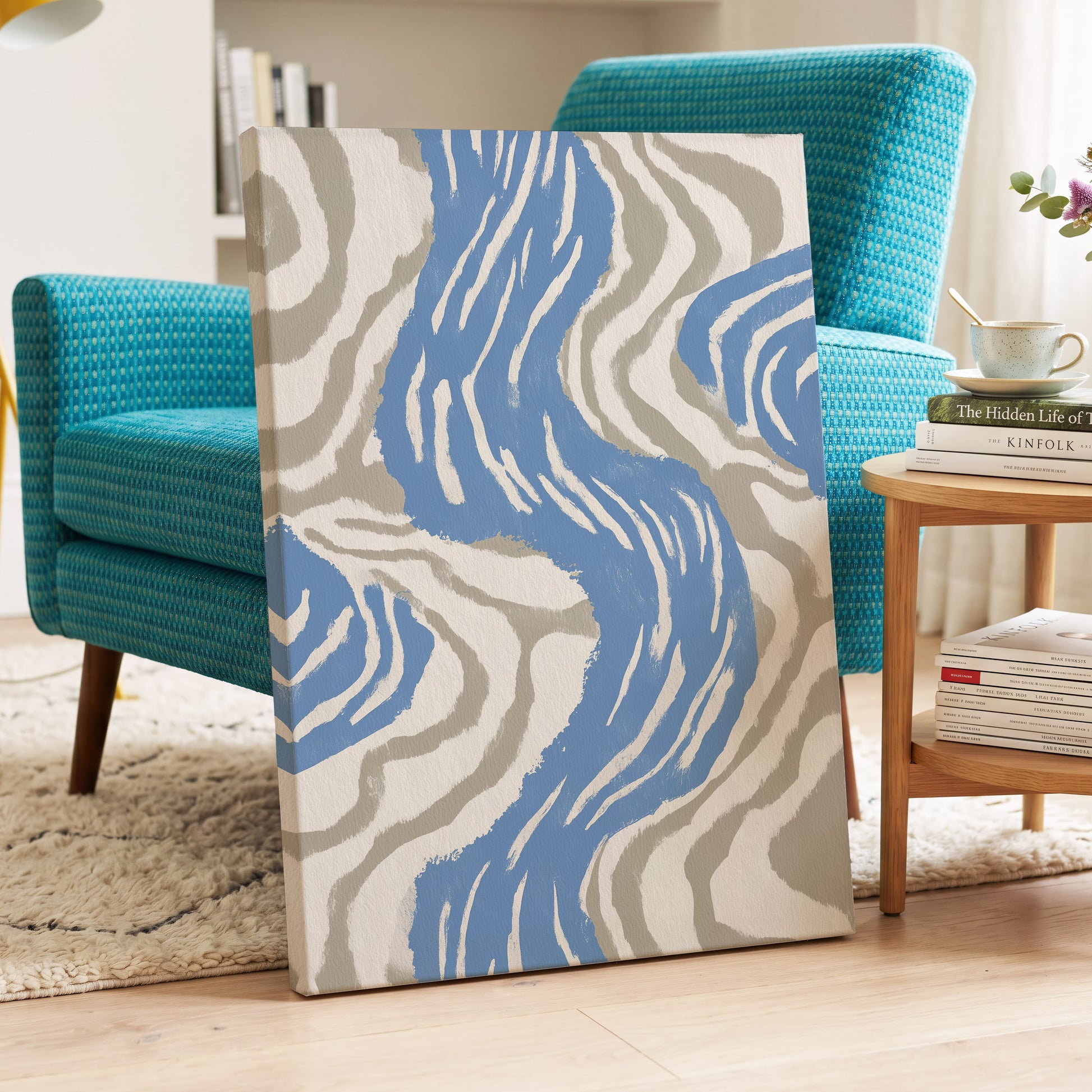 Blue Meander, blue, white, beige abstract wall art displayed in a styled interior, gallery view 3