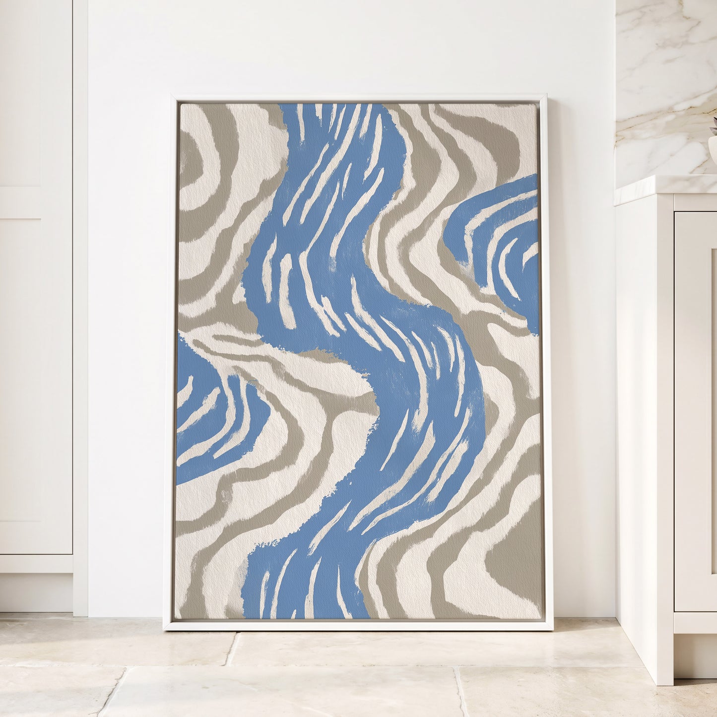 Blue Meander, blue, white, beige abstract wall art displayed in a styled interior, gallery view 4