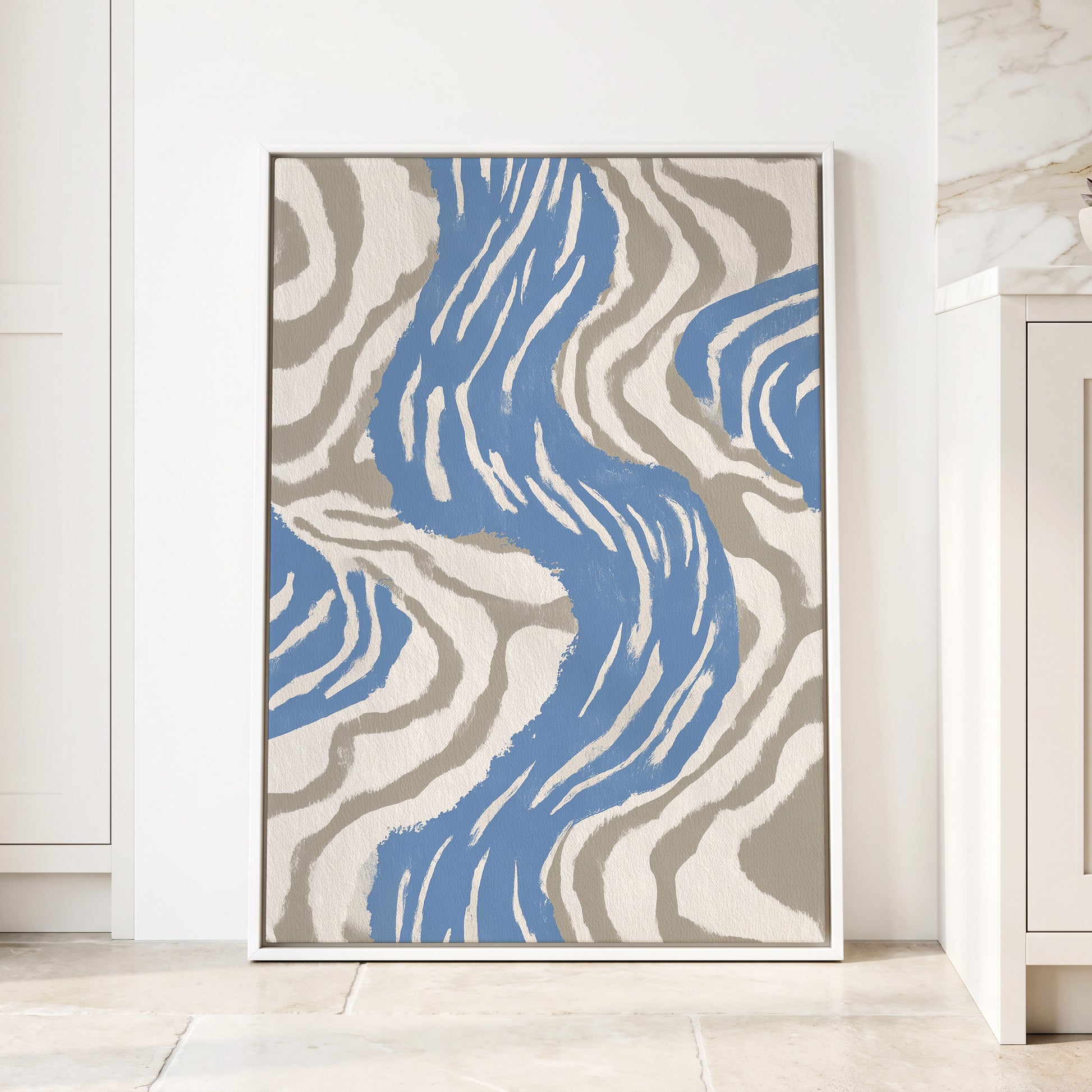 Blue Meander, blue, white, beige abstract wall art displayed in a styled interior, gallery view 4
