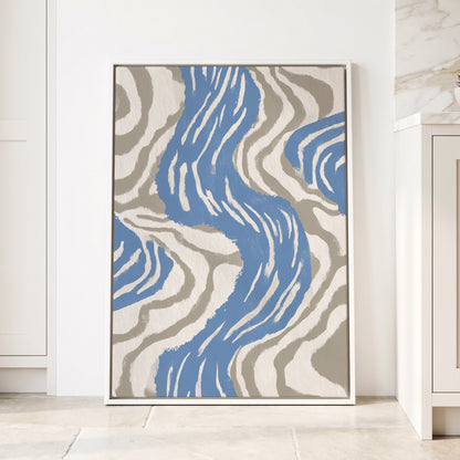 Blue Meander, blue, white, beige abstract wall art displayed in a styled interior, gallery view 4
