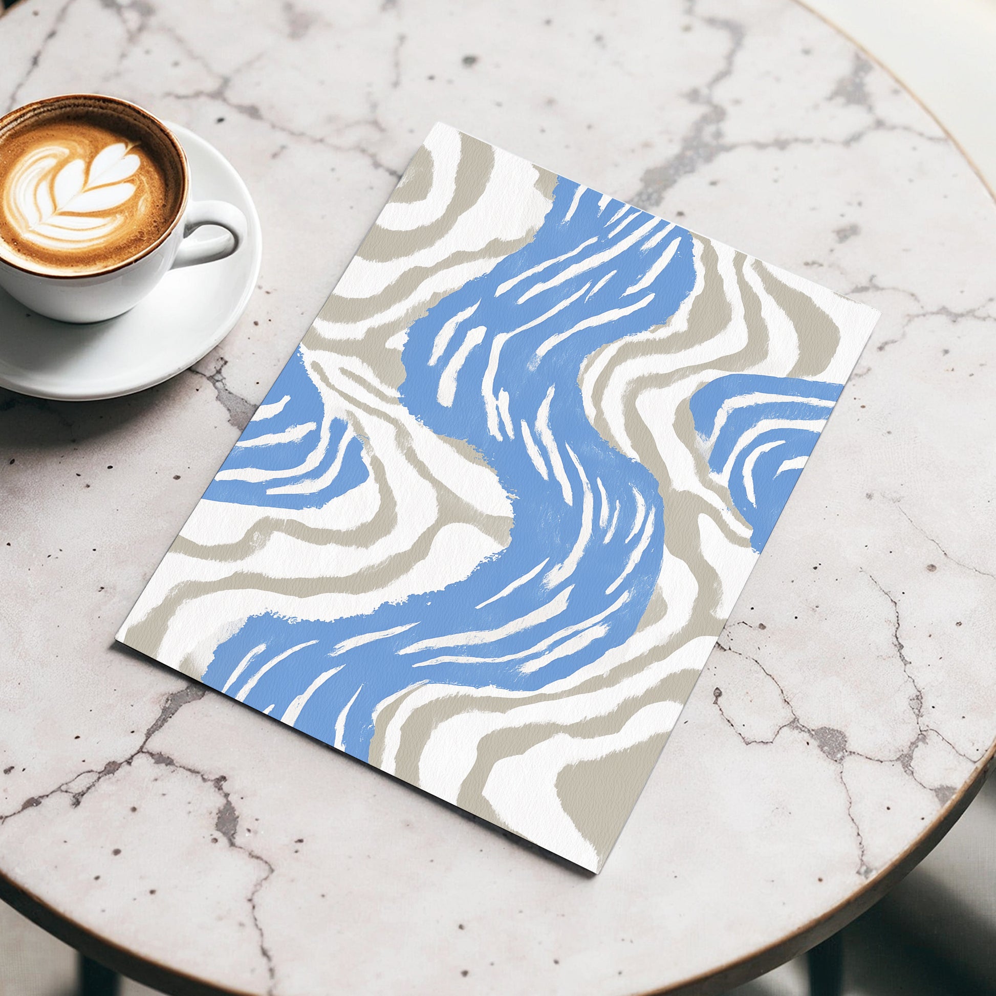 Blue Meander, blue, white, beige abstract wall art displayed in a styled interior, gallery view 5