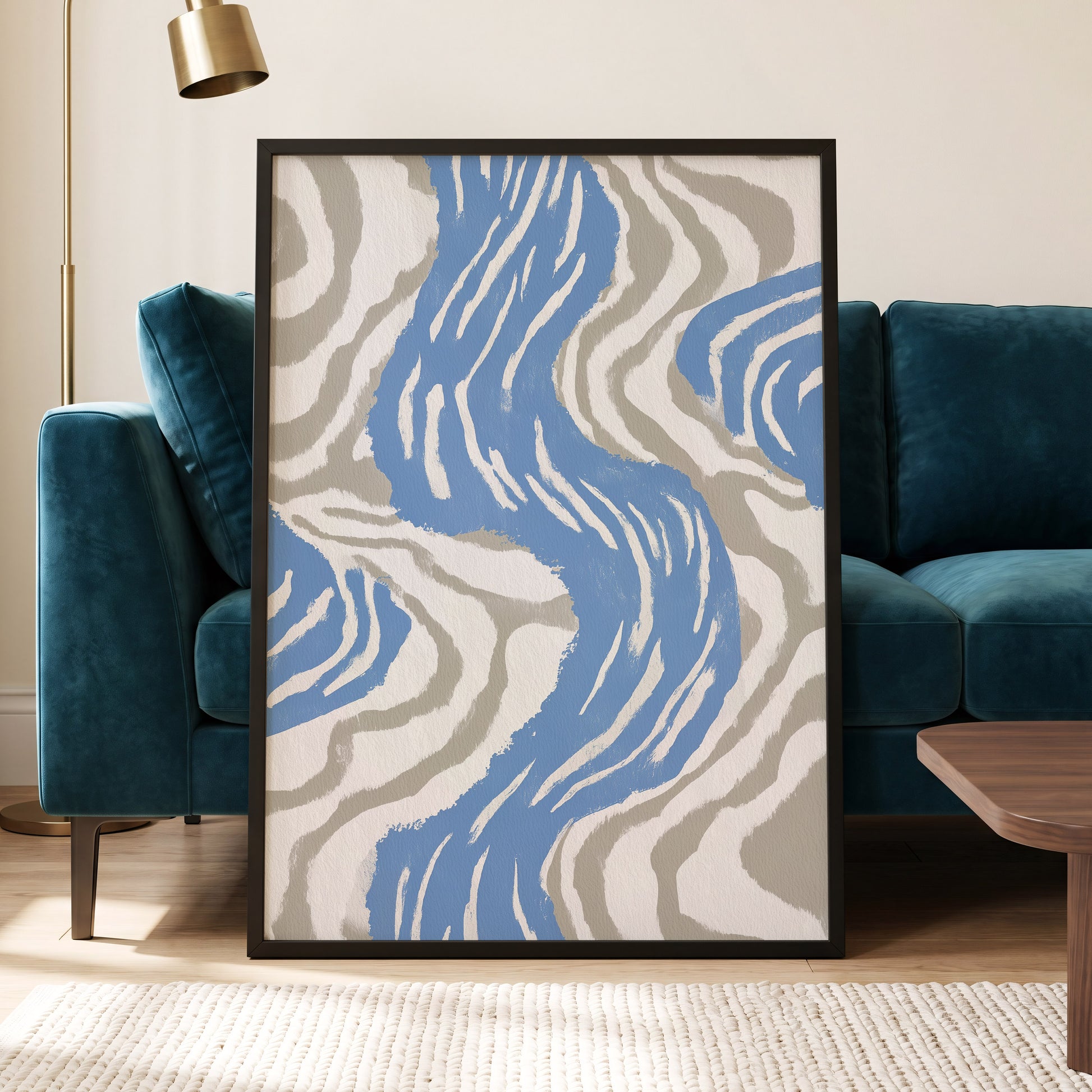 Blue Meander, blue, white, beige abstract wall art displayed in a styled interior, gallery view 6