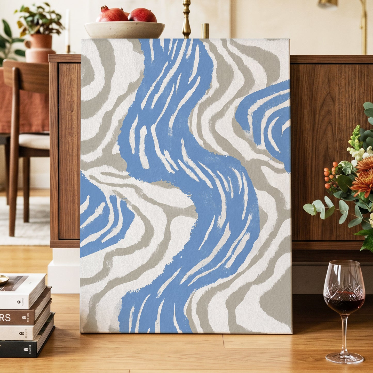 Blue Meander, blue, white, beige abstract wall art displayed in a styled interior, gallery view 7