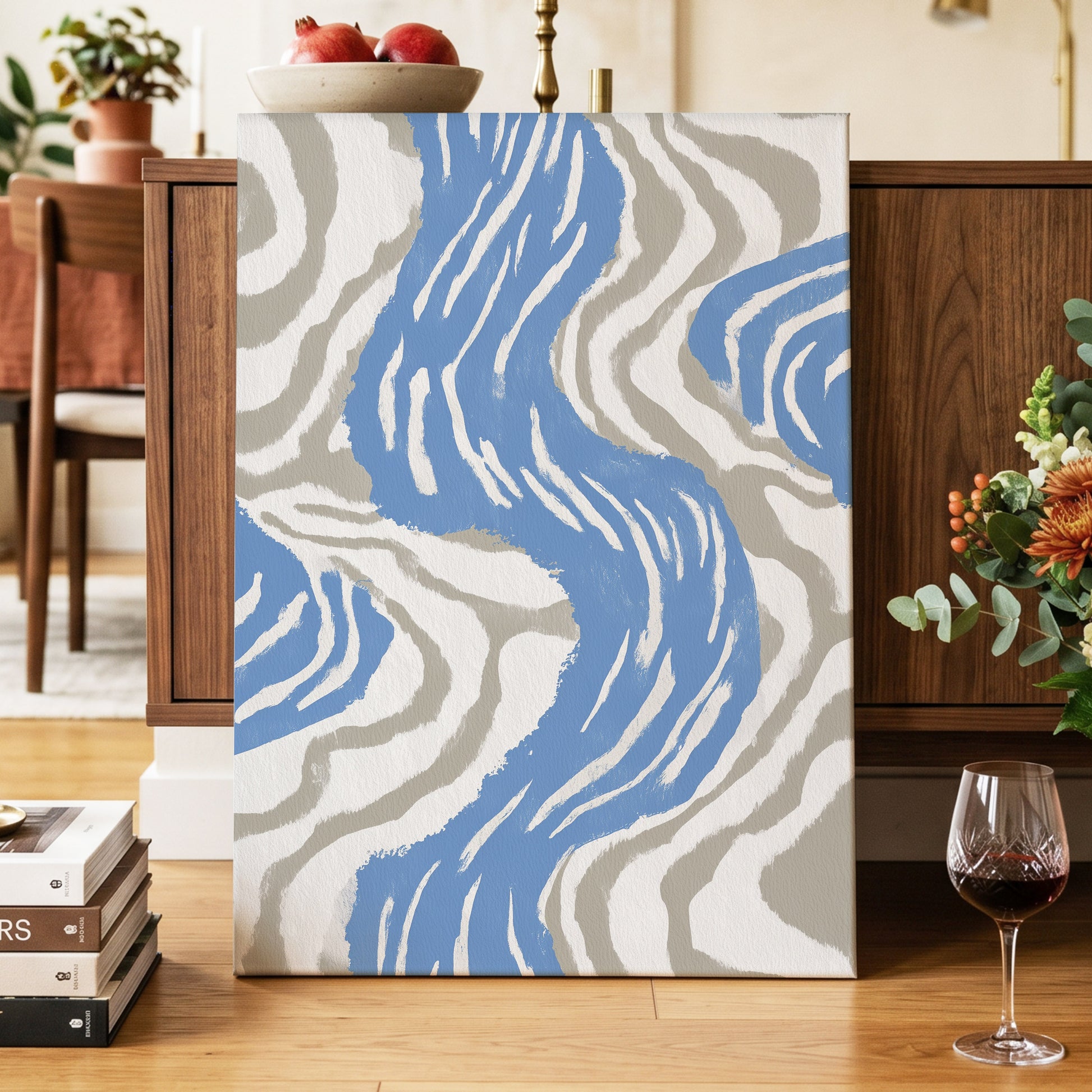 Blue Meander, blue, white, beige abstract wall art displayed in a styled interior, gallery view 7