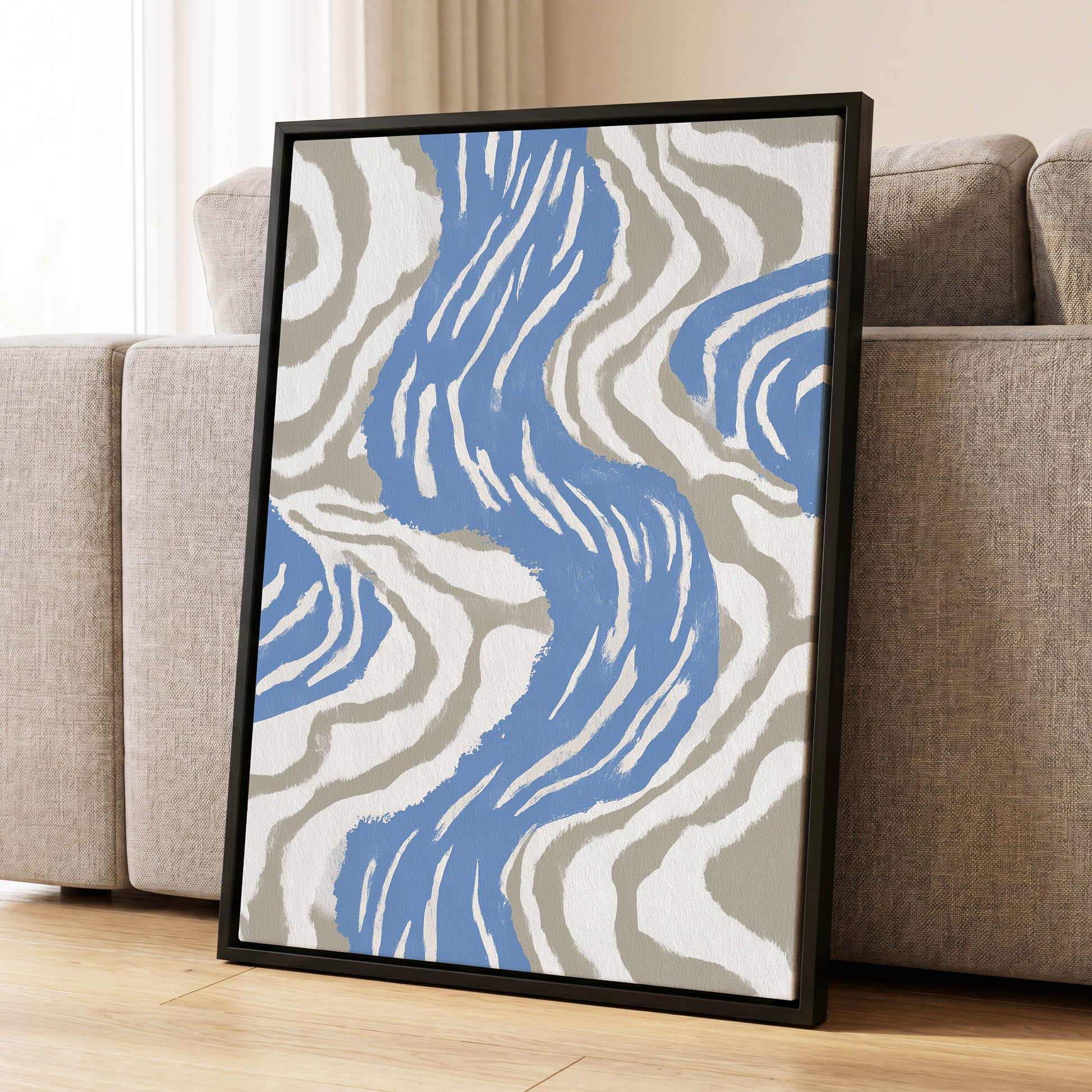 Blue Meander, blue, white, beige abstract wall art displayed in a styled interior, gallery view 8