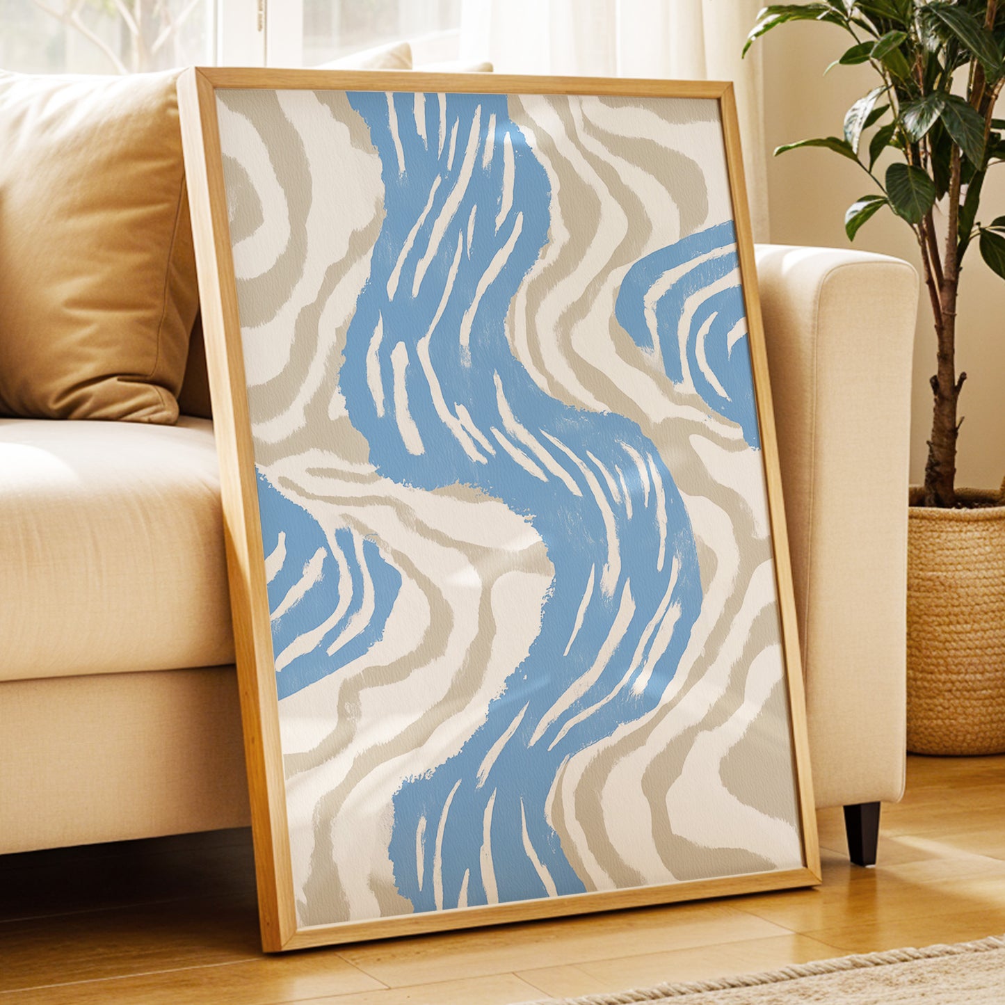 Blue Meander, blue, white, beige abstract wall art displayed in a styled interior, gallery view 9