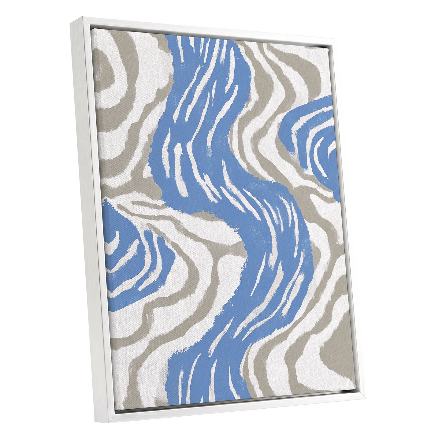 Blue Meander, blue, white, beige abstract wall art shown as a white framed canvas wall art
