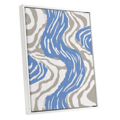 Blue Meander, blue, white, beige abstract wall art shown as a white framed canvas wall art