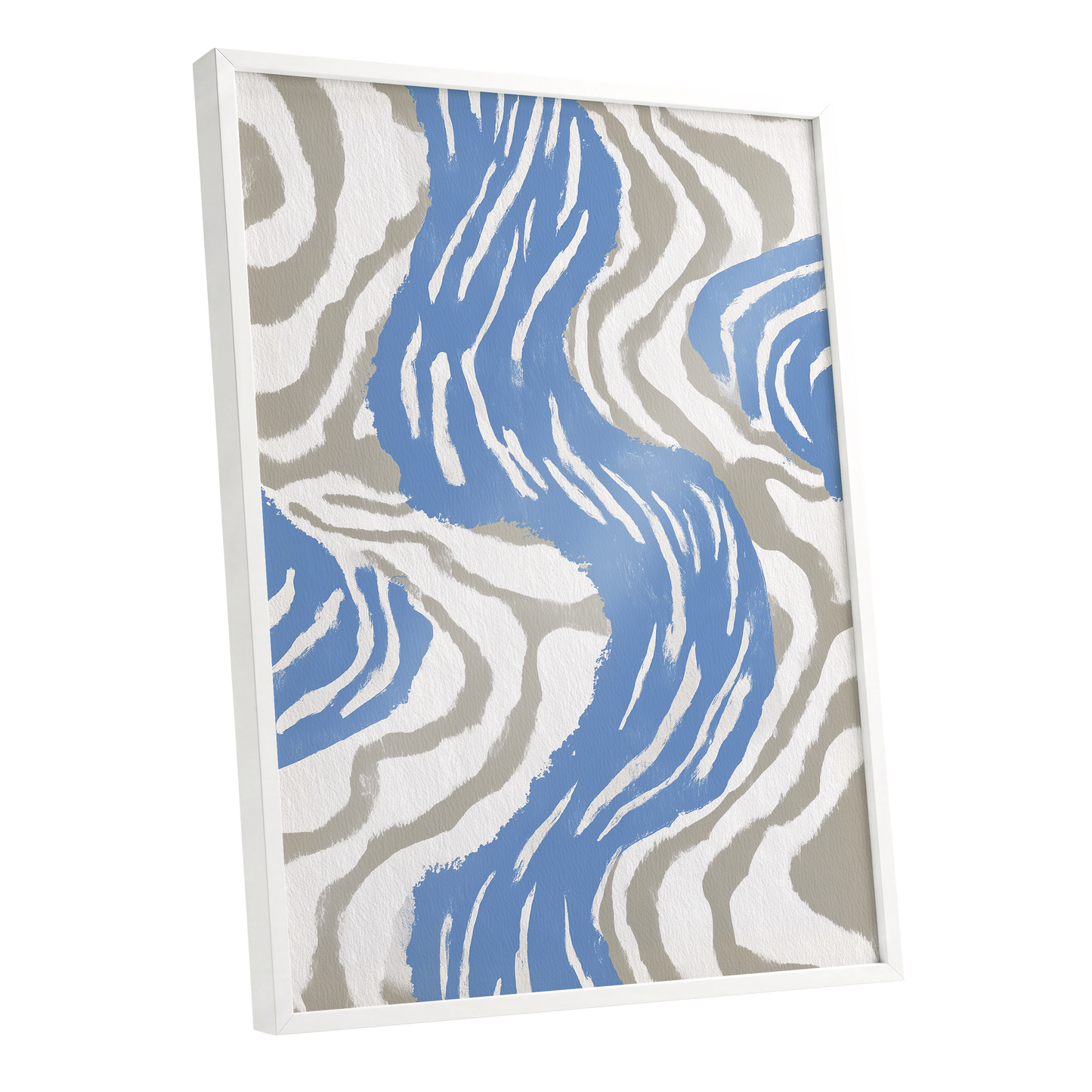Blue Meander, blue, white, beige abstract wall art shown as a white framed poster wall art print