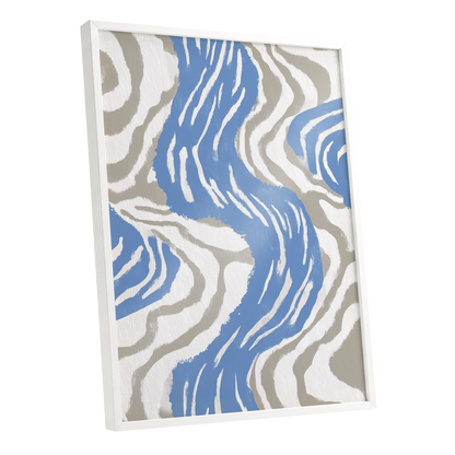 Blue Meander, blue, white, beige abstract wall art shown as a white framed poster wall art print
