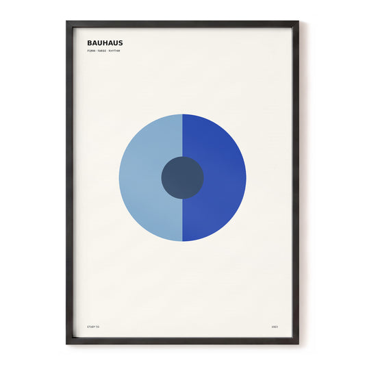 Blue Meridian Disc, blue, beige, black minimalist wall art, front artwork view
