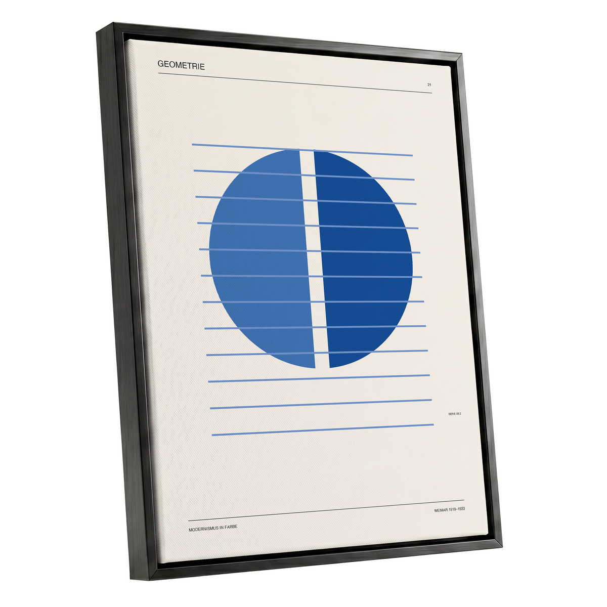 Blue Meridian Study, blue, beige, black minimalist wall art shown as a black framed canvas wall art