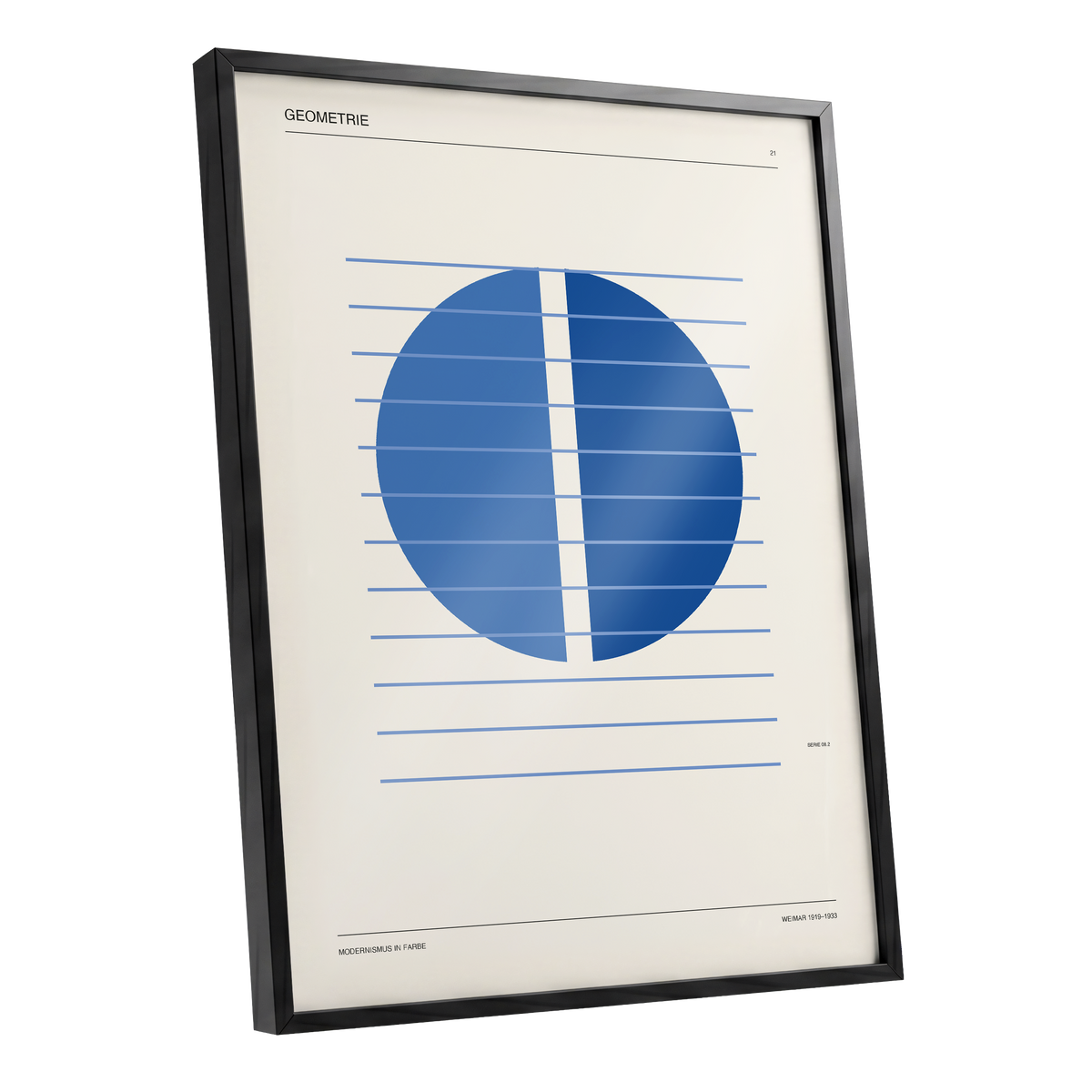 Blue Meridian Study, blue, beige, black minimalist wall art shown as a black framed poster wall art print