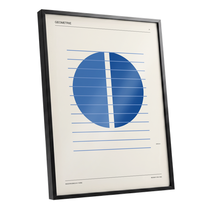 Blue Meridian Study, blue, beige, black minimalist wall art shown as a black framed poster wall art print