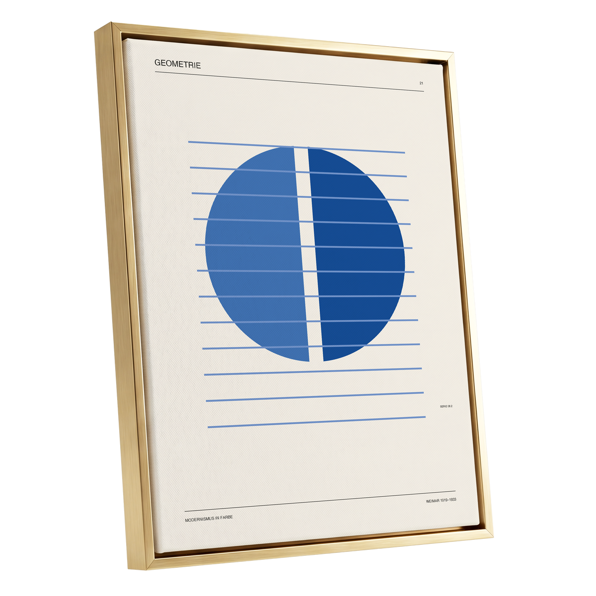 Blue Meridian Study, blue, beige, black minimalist wall art shown as a gold framed canvas wall art