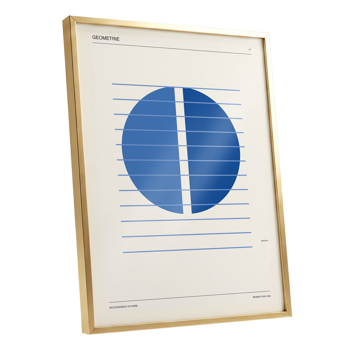 Blue Meridian Study, blue, beige, black minimalist wall art shown as a gold framed poster wall art print