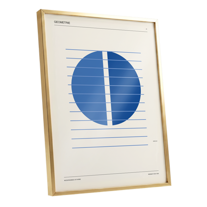 Blue Meridian Study, blue, beige, black minimalist wall art shown as a gold framed poster wall art print