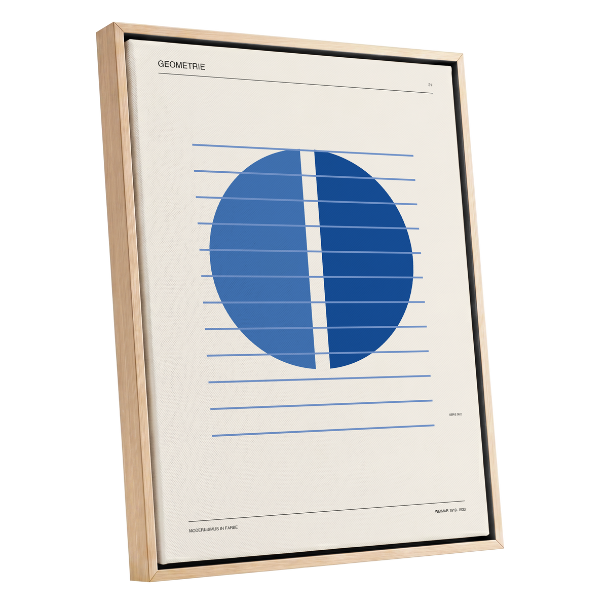 Blue Meridian Study, blue, beige, black minimalist wall art shown as a oak framed canvas wall art