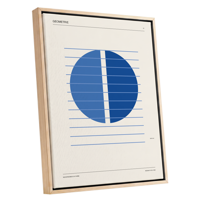Blue Meridian Study, blue, beige, black minimalist wall art shown as a oak framed canvas wall art