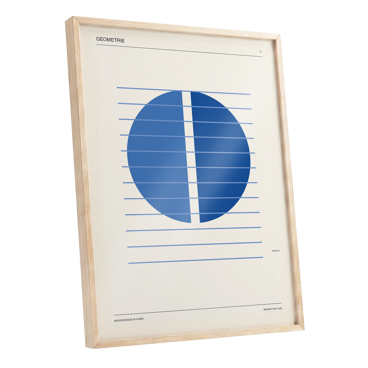 Blue Meridian Study, blue, beige, black minimalist wall art shown as a oak framed poster wall art print