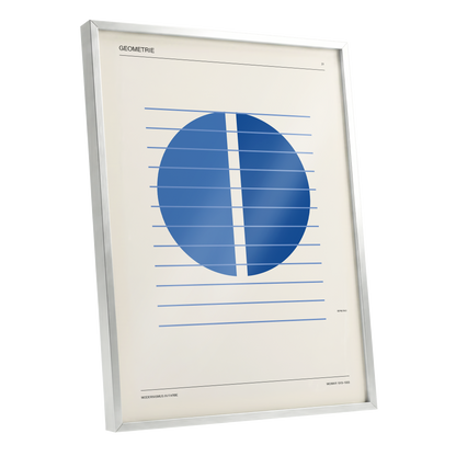 Blue Meridian Study, blue, beige, black minimalist wall art shown as a silver framed poster wall art print