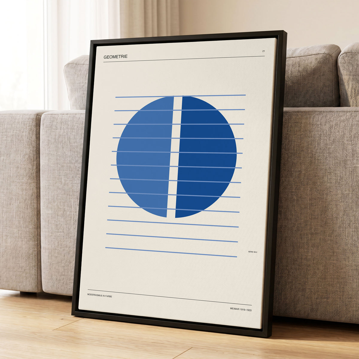 Blue Meridian Study, blue, beige, black minimalist wall art displayed in a styled interior, gallery view 1