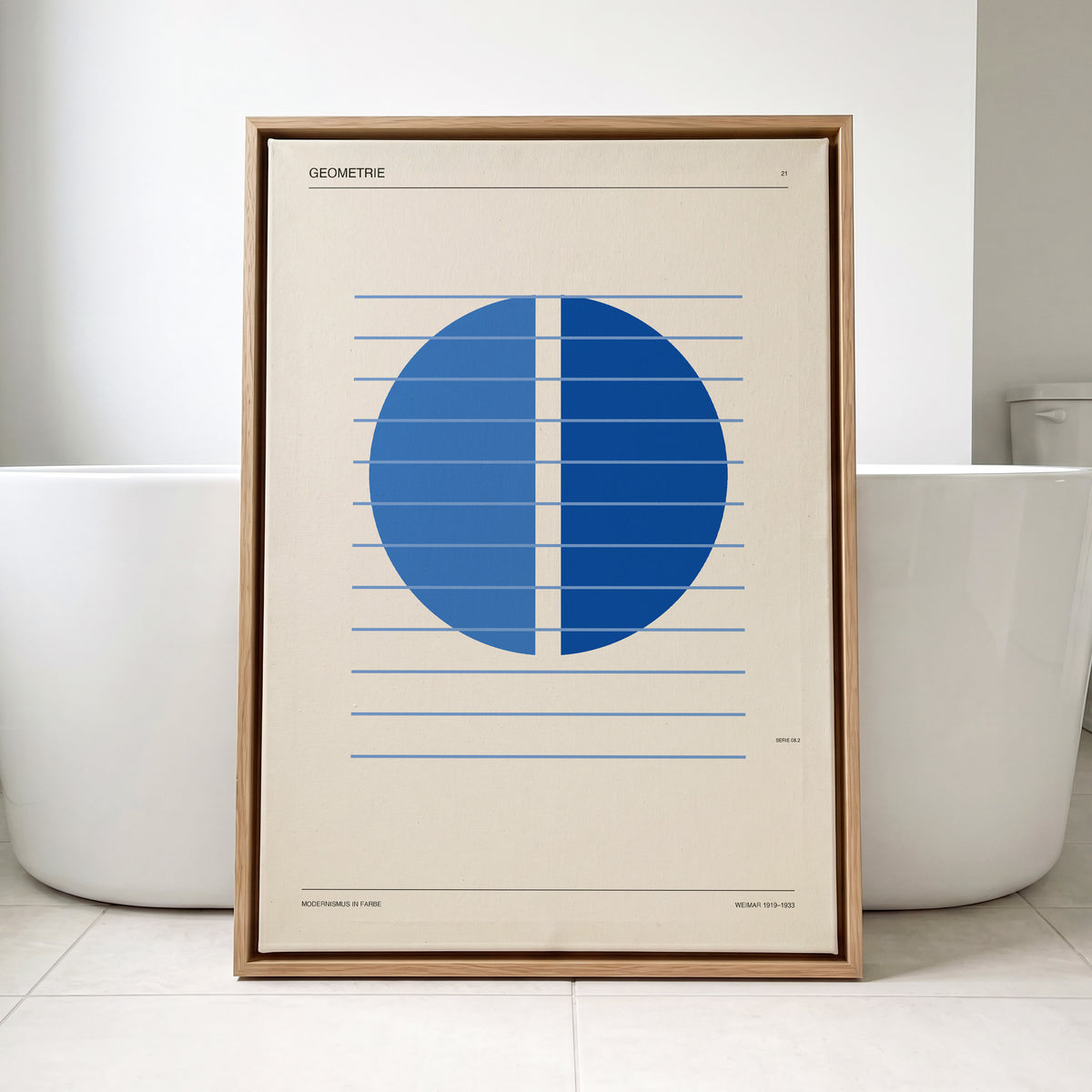 Blue Meridian Study, blue, beige, black minimalist wall art displayed in a styled interior, gallery view 2