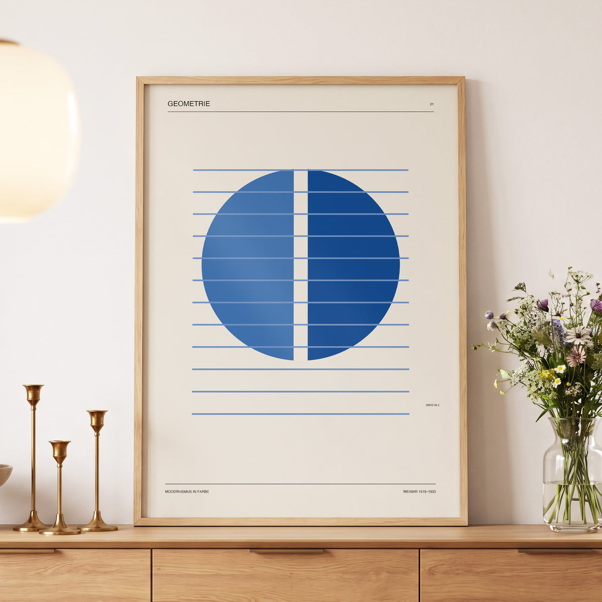 Blue Meridian Study, blue, beige, black minimalist wall art displayed in a styled interior, gallery view 5