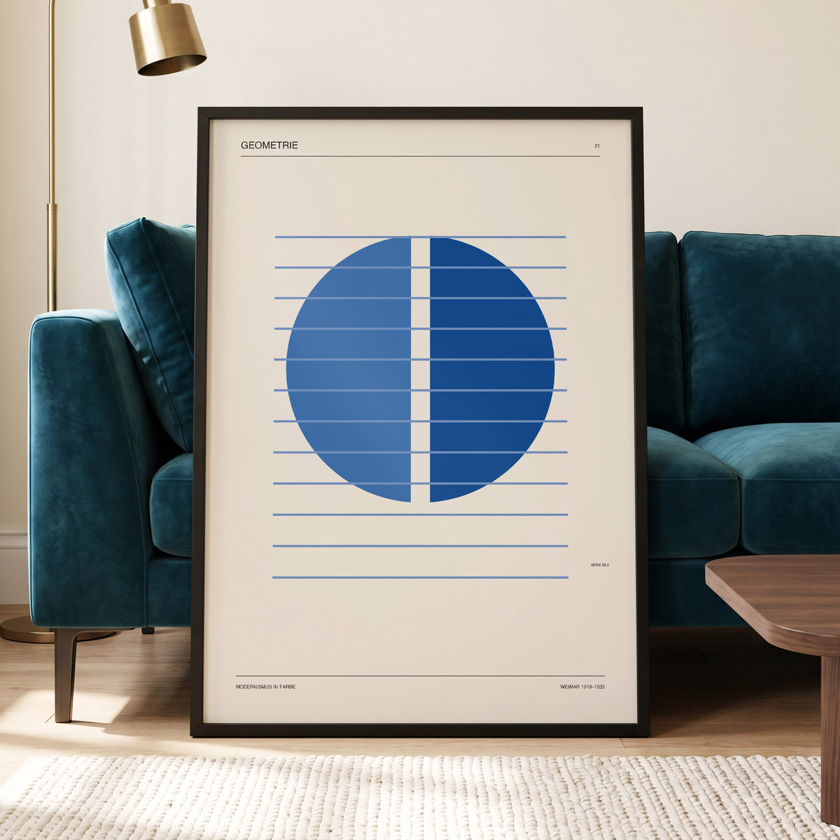 Blue Meridian Study, blue, beige, black minimalist wall art displayed in a styled interior, gallery view 6