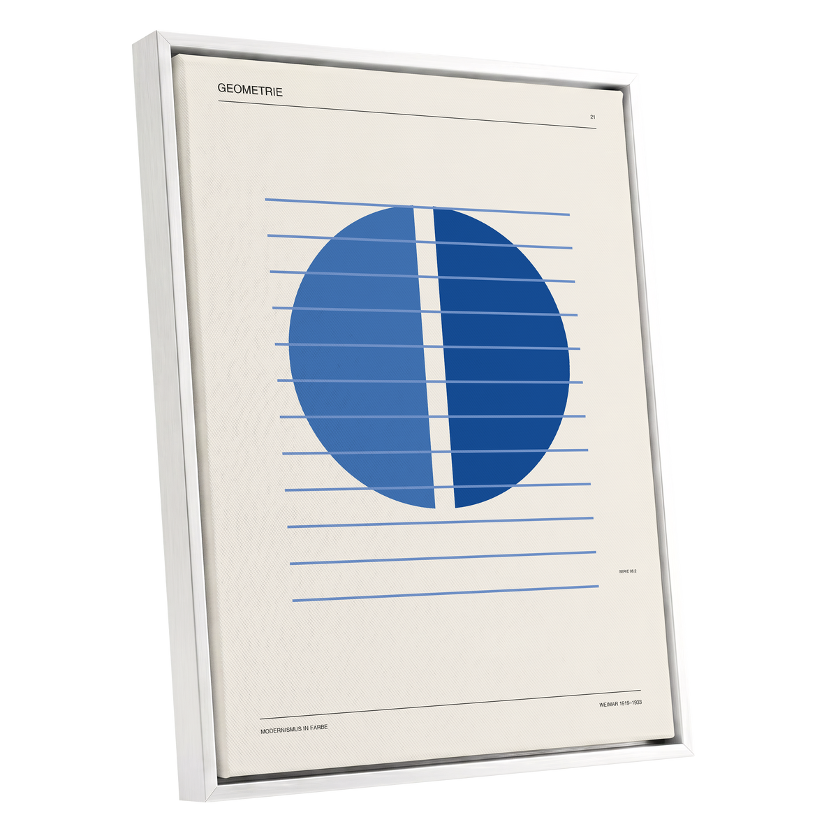 Blue Meridian Study, blue, beige, black minimalist wall art shown as a white framed canvas wall art