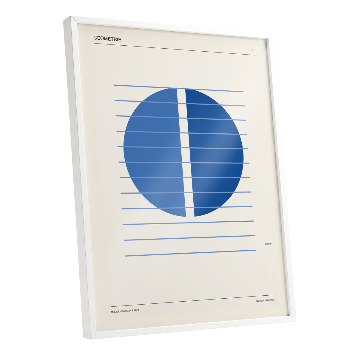 Blue Meridian Study, blue, beige, black minimalist wall art shown as a white framed poster wall art print
