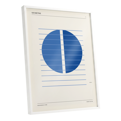 Blue Meridian Study, blue, beige, black minimalist wall art shown as a white framed poster wall art print