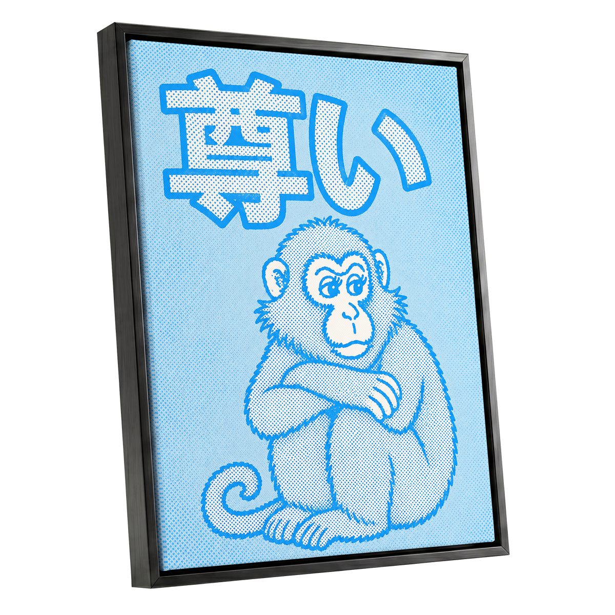 Blue Monkey Mood, blue, white, beige abstract wall art shown as a black framed canvas wall art