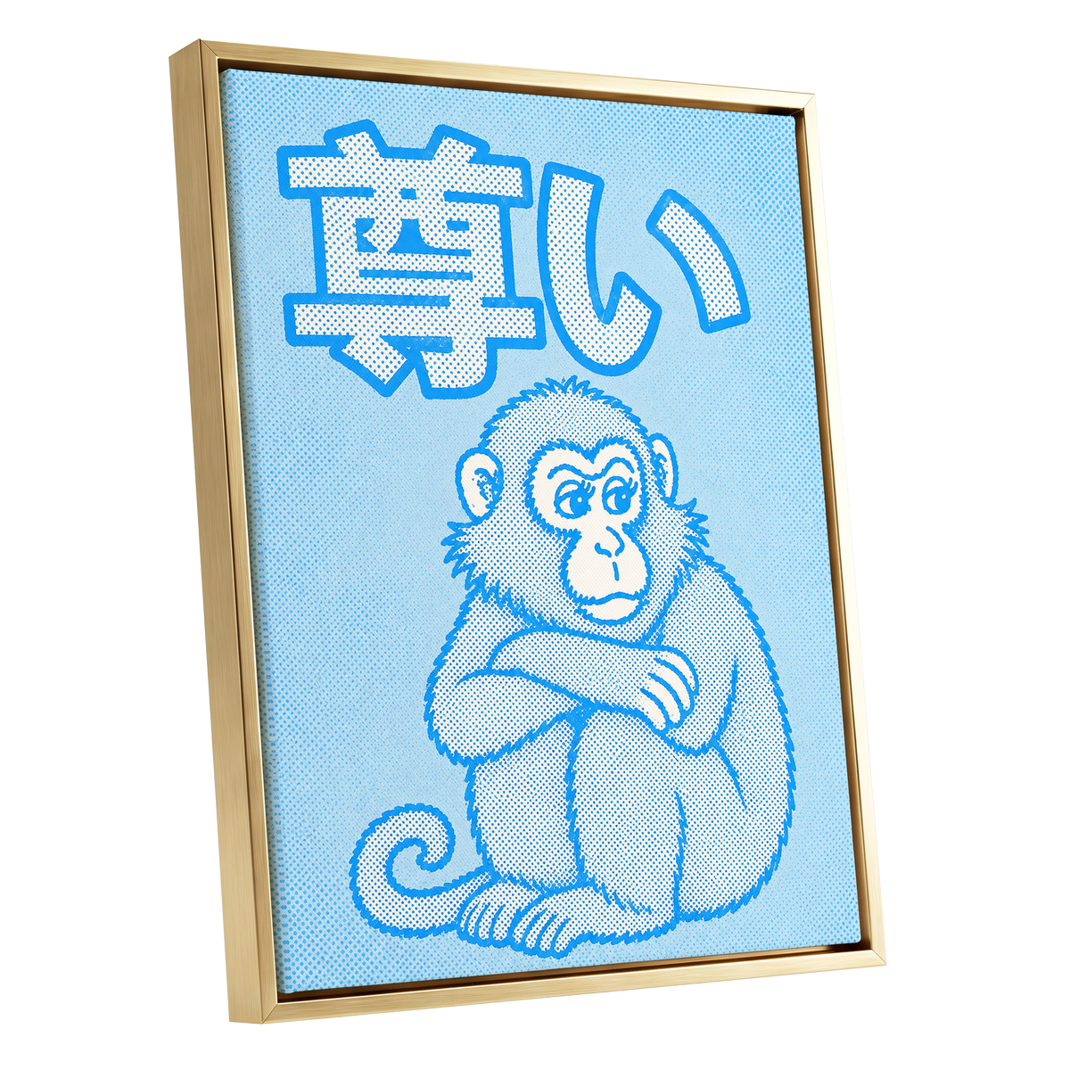 Blue Monkey Mood, blue, white, beige abstract wall art shown as a gold framed canvas wall art