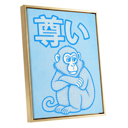 Blue Monkey Mood, blue, white, beige abstract wall art shown as a gold framed canvas wall art