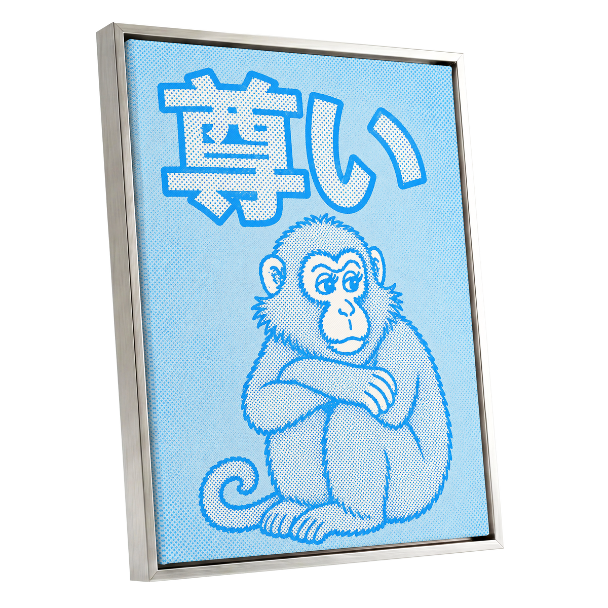 Blue Monkey Mood, blue, white, beige abstract wall art shown as a silver framed canvas wall art
