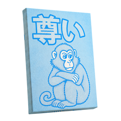 Blue Monkey Mood, blue, white, beige abstract wall art shown as a stretched canvas wall art