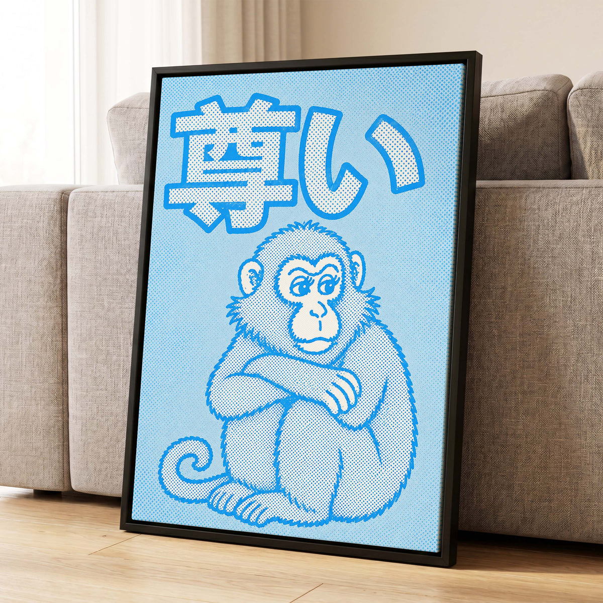 Blue Monkey Mood, blue, white, beige abstract wall art displayed in a styled interior, gallery view 4