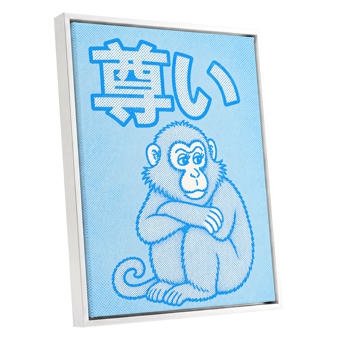 Blue Monkey Mood, blue, white, beige abstract wall art shown as a white framed canvas wall art