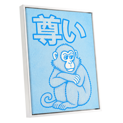 Blue Monkey Mood, blue, white, beige abstract wall art shown as a white framed canvas wall art