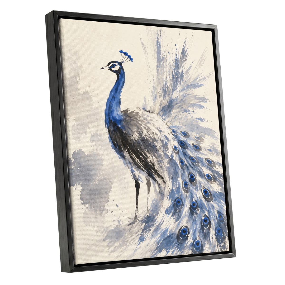 Blue Plume Reverie, blue, beige, gray nature wall art shown as a black framed canvas wall art