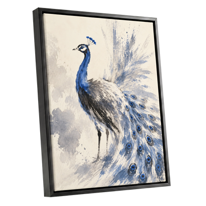 Blue Plume Reverie, blue, beige, gray nature wall art shown as a black framed canvas wall art
