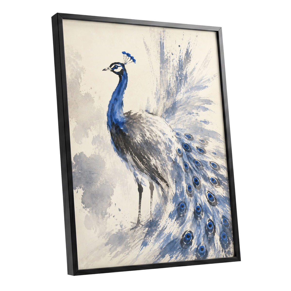 Blue Plume Reverie, blue, beige, gray nature wall art shown as a black framed poster wall art print