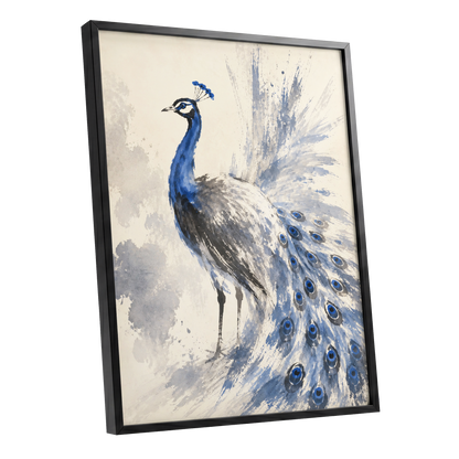 Blue Plume Reverie, blue, beige, gray nature wall art shown as a black framed poster wall art print